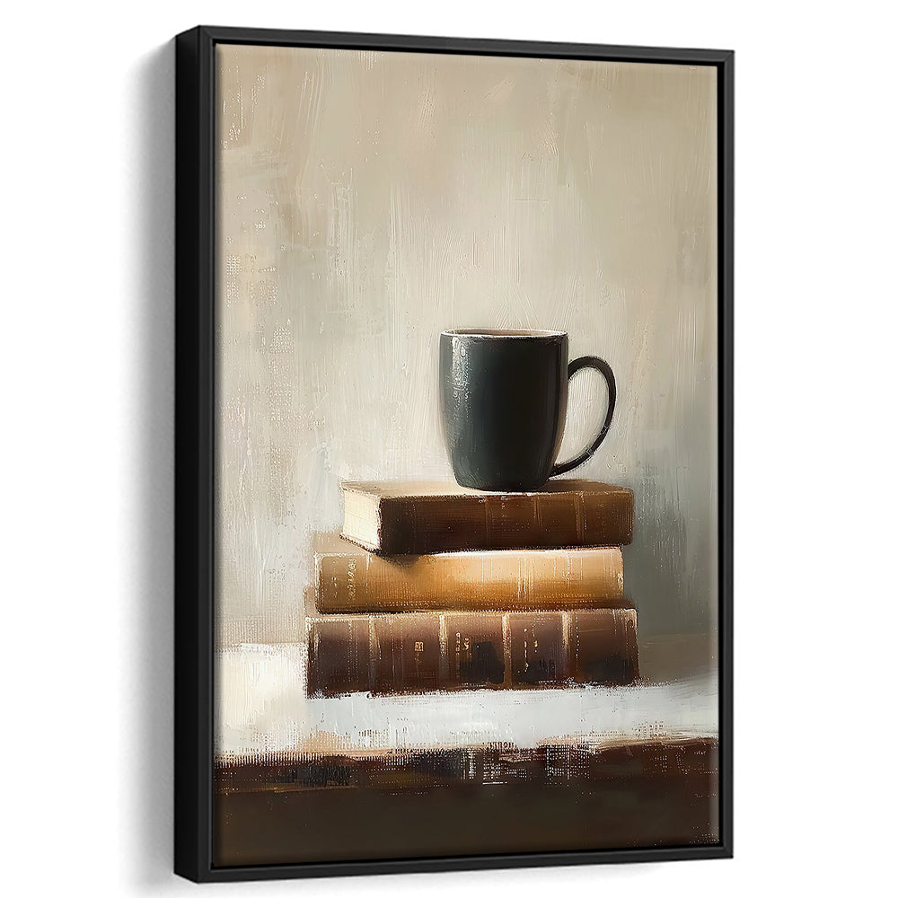 Vintage Books and Coffee Still Life Oil Painting Vintage Print, Framed Canvas Print Wall Art, Floating Frame