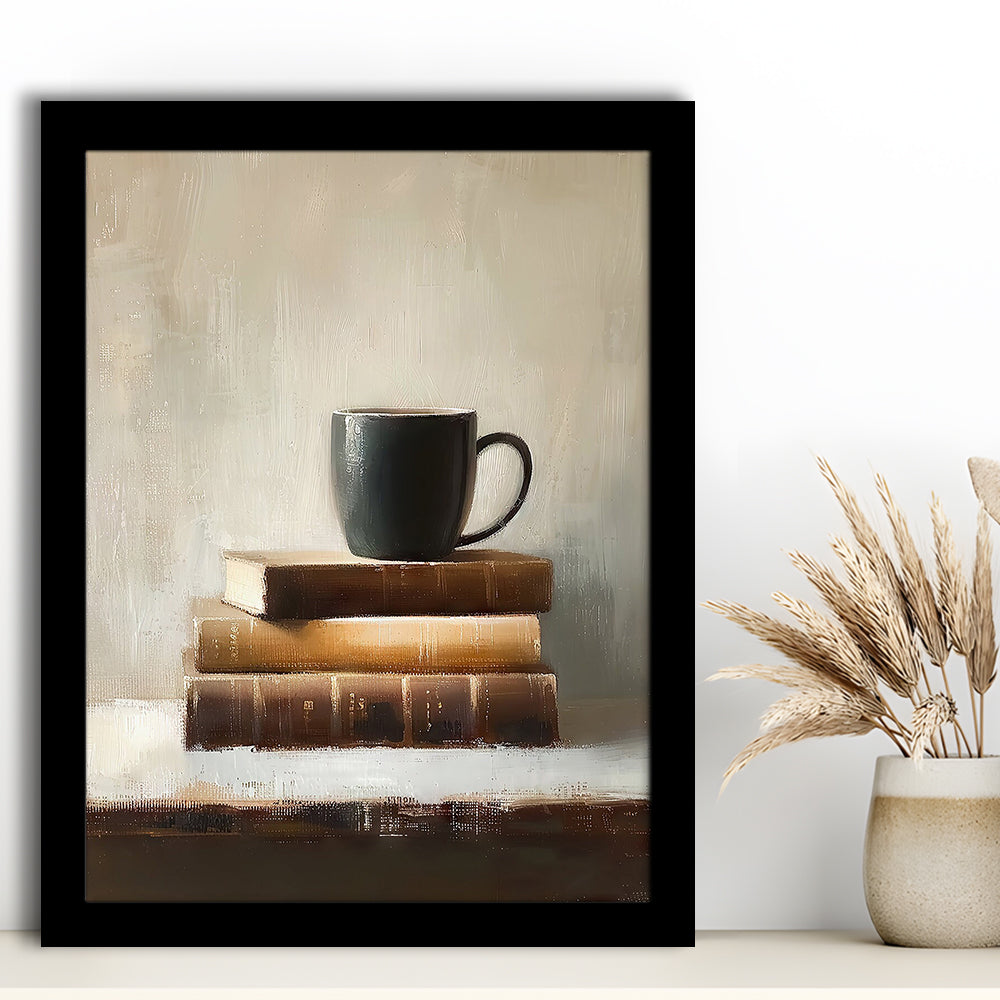 Vintage Books and Coffee Still Life Oil Painting Vintage Print, Framed Art Print Wall Decor, Picture Framed