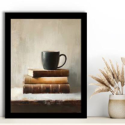 Vintage Books and Coffee Still Life Oil Painting Vintage Print, Framed Art Print Wall Decor, Picture Framed