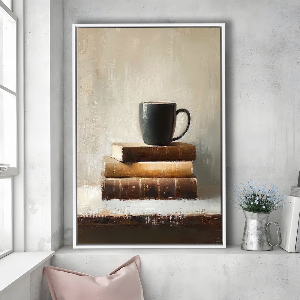 Vintage Books and Coffee Still Life Oil Painting Vintage Print, Framed Canvas Print Wall Art, Floating Frame