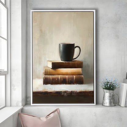 Vintage Books and Coffee Still Life Oil Painting Vintage Print, Framed Canvas Print Wall Art, Floating Frame