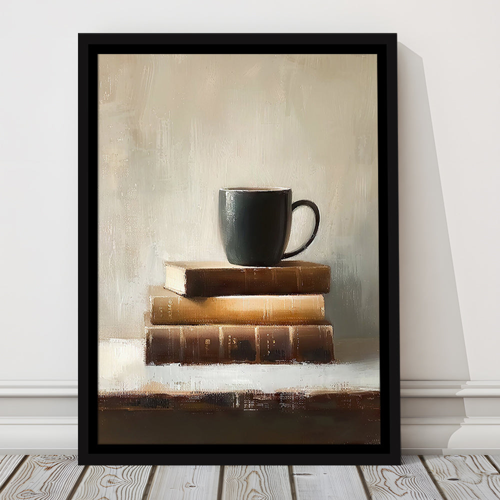Vintage Books and Coffee Still Life Oil Painting Vintage Print, Framed Canvas Print Wall Art, Floating Frame