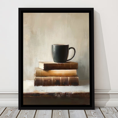 Vintage Books and Coffee Still Life Oil Painting Vintage Print, Framed Canvas Print Wall Art, Floating Frame