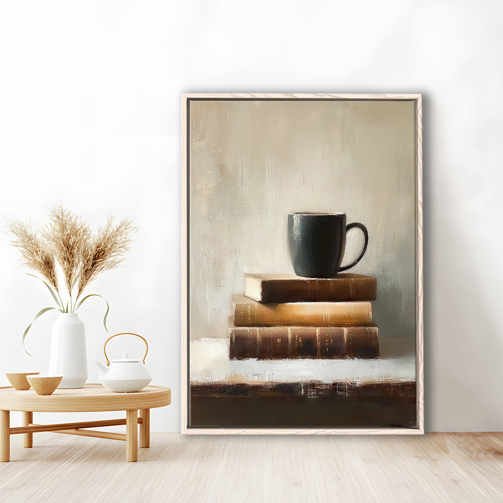 Vintage Books and Coffee Still Life Oil Painting Vintage Print, Framed Canvas Print Wall Art, Floating Frame