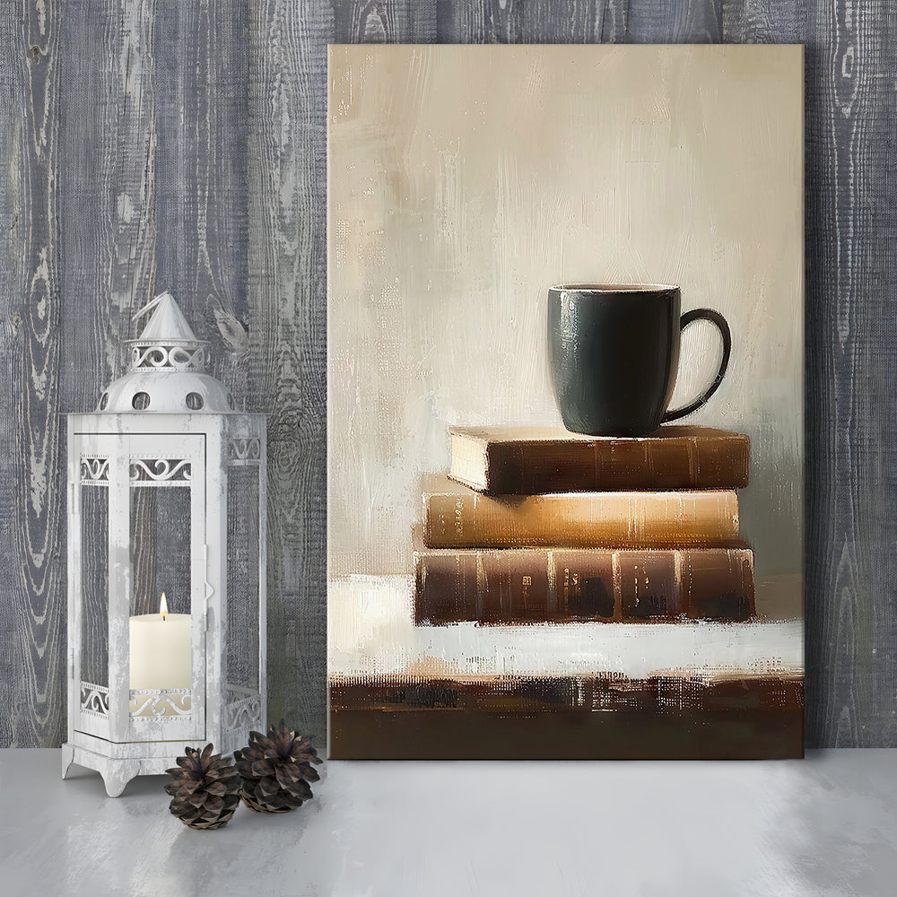 Vintage Books and Coffee Still Life Oil Painting Vintage Print, Canvas Print Wall Art, Wall Decor, Painting Canvas