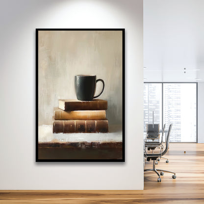 Vintage Books and Coffee Still Life Oil Painting Vintage Print, Framed Art Print Wall Decor, Picture Framed
