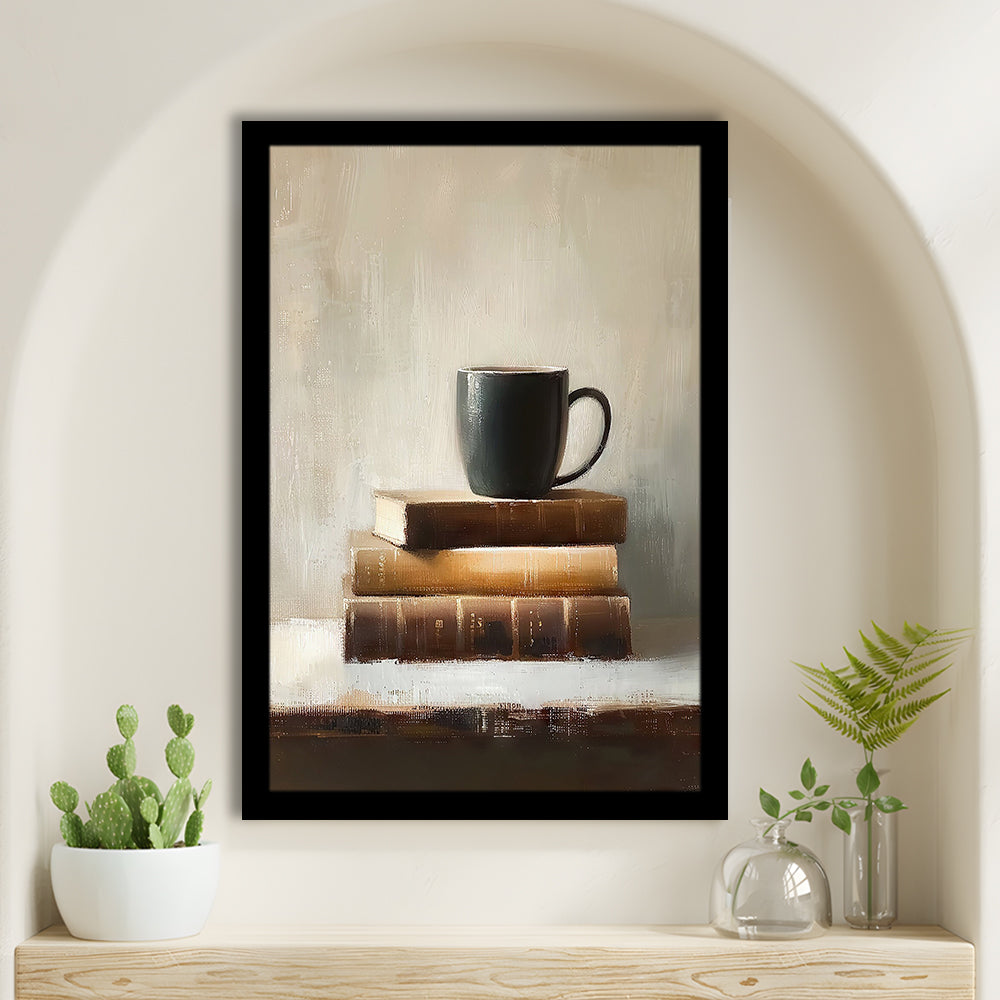 Vintage Books and Coffee Still Life Oil Painting Vintage Print, Framed Art Print Wall Decor, Picture Framed