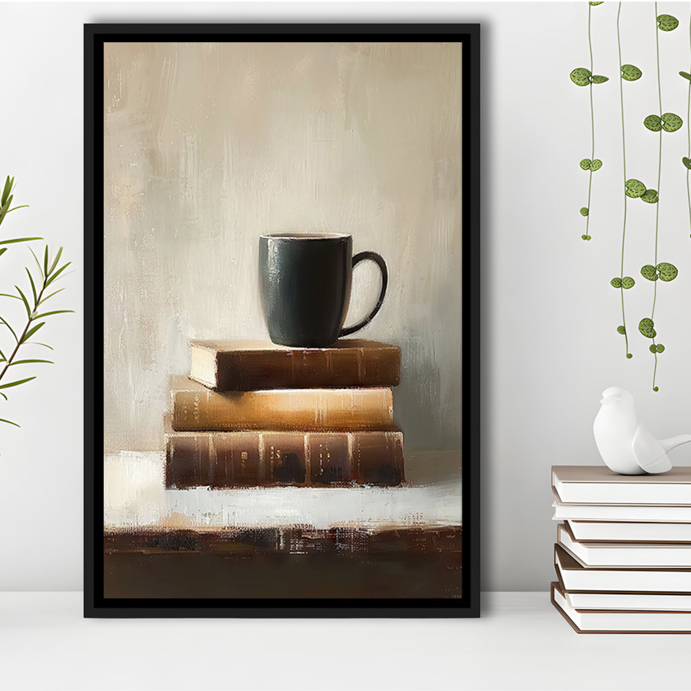 Vintage Books and Coffee Still Life Oil Painting Vintage Print, Framed Canvas Print Wall Art, Floating Frame