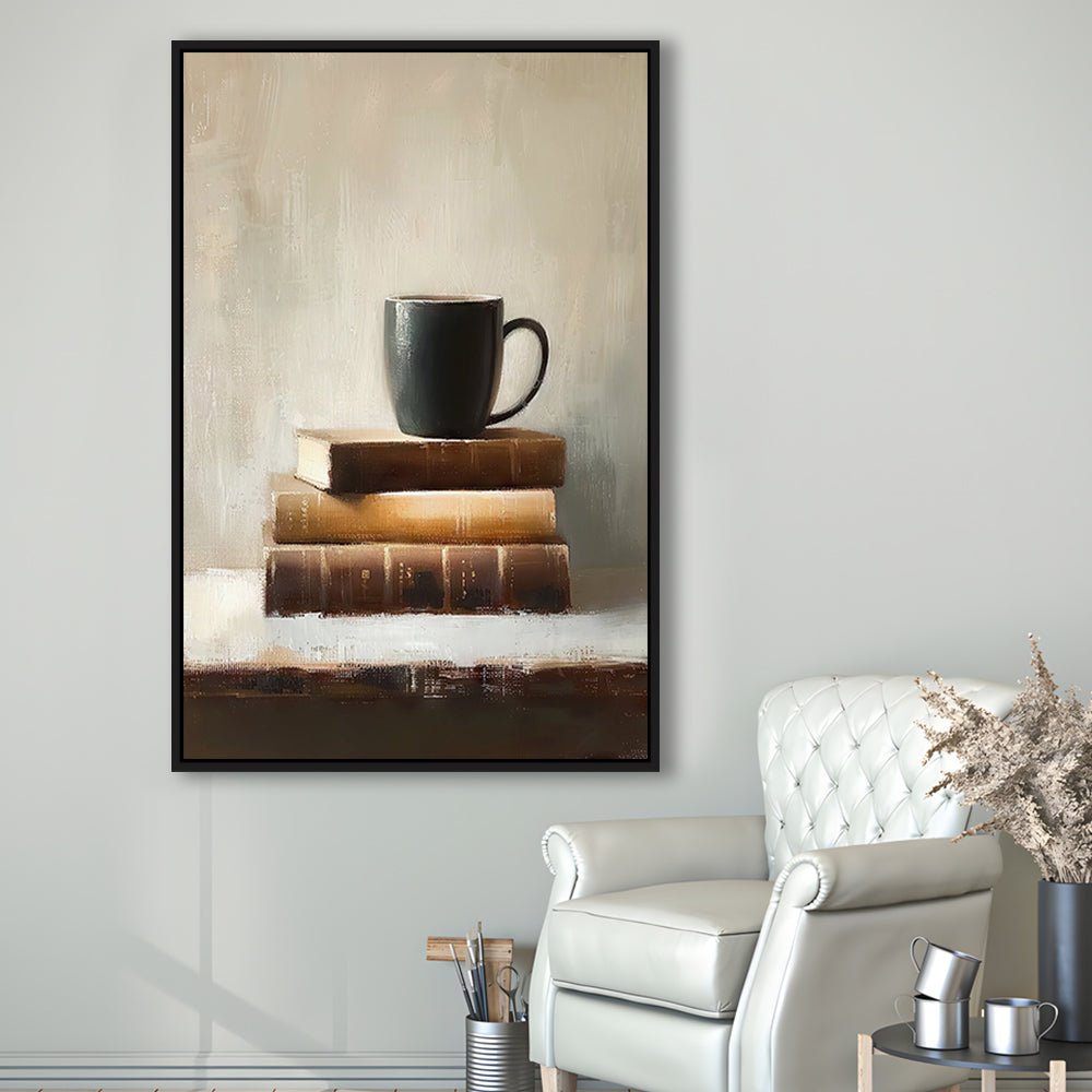 Vintage Books and Coffee Still Life Oil Painting Vintage Print, Framed Canvas Print Wall Art, Floating Frame