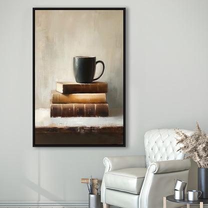 Vintage Books and Coffee Still Life Oil Painting Vintage Print, Framed Canvas Print Wall Art, Floating Frame