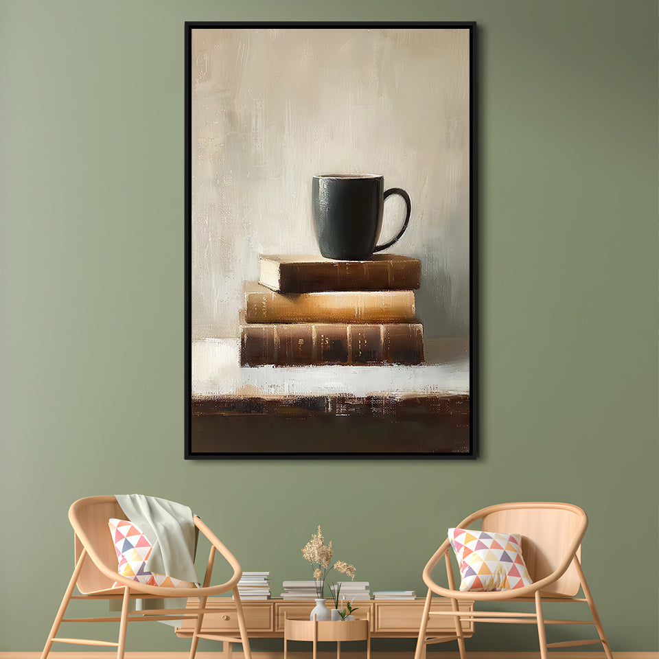 Vintage Books and Coffee Still Life Oil Painting Vintage Print, Framed Canvas Print Wall Art, Floating Frame