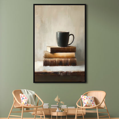 Vintage Books and Coffee Still Life Oil Painting Vintage Print, Framed Canvas Print Wall Art, Floating Frame