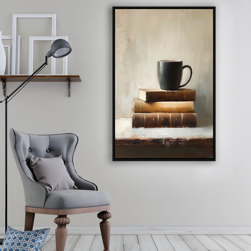 Vintage Books and Coffee Still Life Oil Painting Vintage Print, Framed Canvas Print Wall Art, Floating Frame