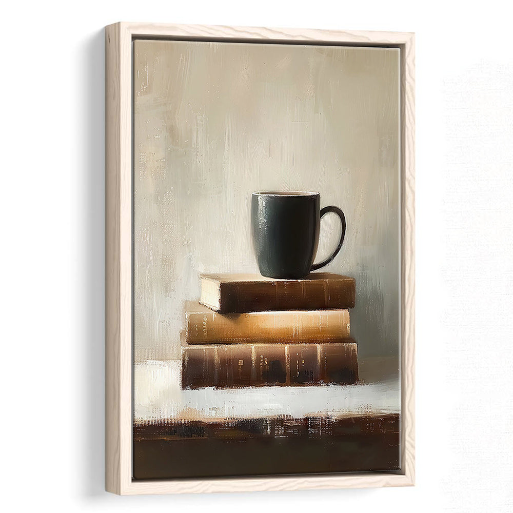 Vintage Books and Coffee Still Life Oil Painting Vintage Print, Framed Canvas Print Wall Art, Floating Frame