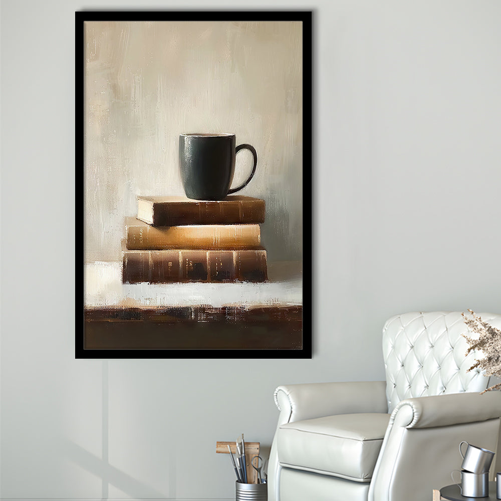 Vintage Books and Coffee Still Life Oil Painting Vintage Print, Framed Art Print Wall Decor, Picture Framed