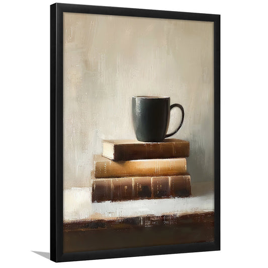 Vintage Books and Coffee Still Life Oil Painting Vintage Print, Framed Art Print Wall Decor, Picture Framed