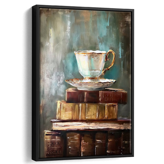 Vintage Books and Cup of Tea Art Print Library Art Vintage Print Cottagecore, Framed Canvas Print Wall Art, Floating Frame