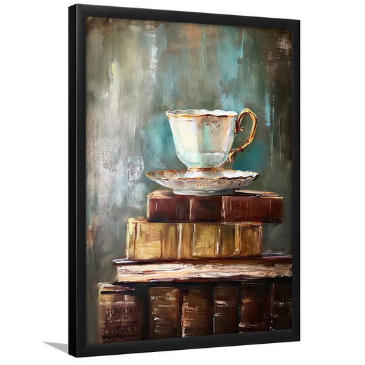 Vintage Books and Cup of Tea Art Print Library Art Vintage Print Cottagecore, Framed Art Print Wall Decor, Picture Framed