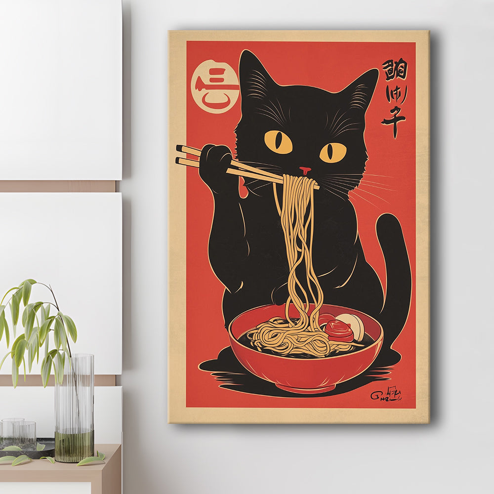 Vintage Cat Eating Ramen, Funny Black Cat Wall Art, Japanese Inspired Cat Art Print, Cat Lover Gift, Canvas Print, Canvas Decor