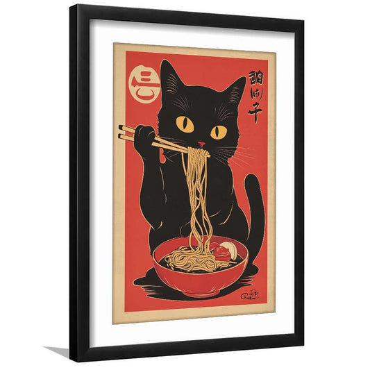 Vintage Cat Eating Ramen, Funny Black Cat Wall Art, Japanese Inspired Cat Art Print, Framed Art Print, White Border
