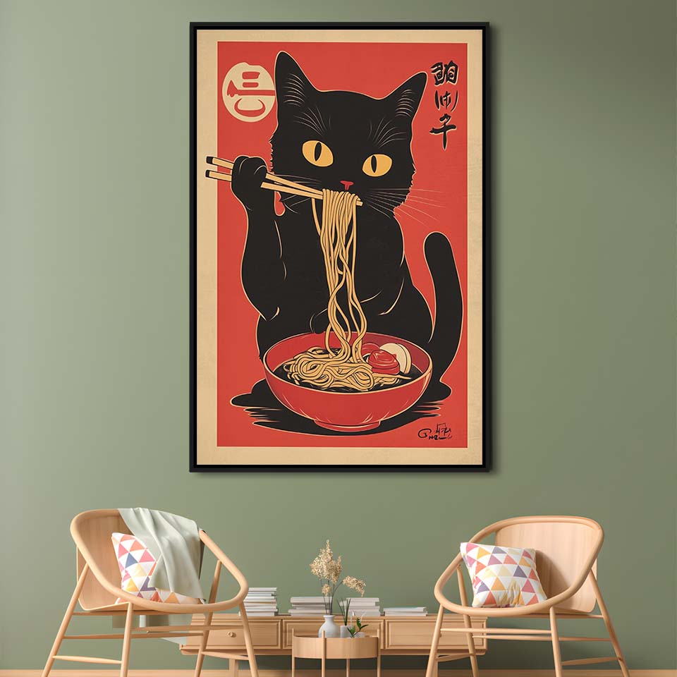 Vintage Cat Eating Ramen, Funny Black Cat Wall Art, Japanese Inspired Cat Art Print, Framed Canvas Print, Floating Frame