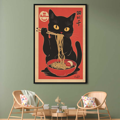 Vintage Cat Eating Ramen, Funny Black Cat Wall Art, Japanese Inspired Cat Art Print, Framed Canvas Print, Floating Frame