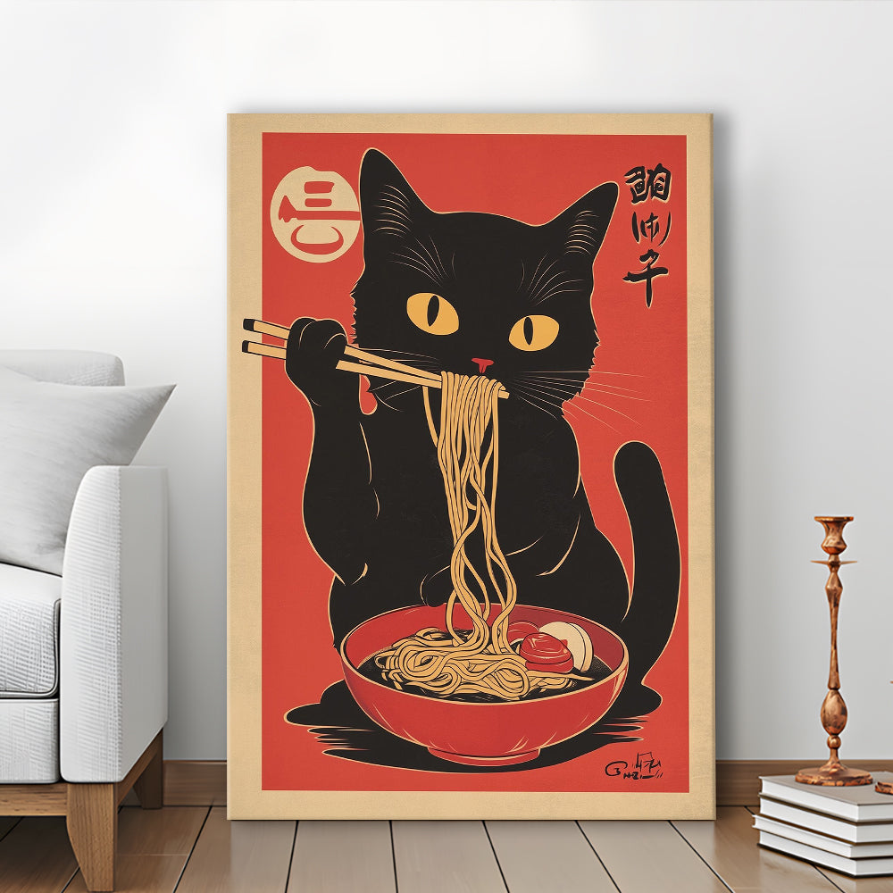 Vintage Cat Eating Ramen, Funny Black Cat Wall Art, Japanese Inspired Cat Art Print, Cat Lover Gift, Canvas Print, Canvas Decor