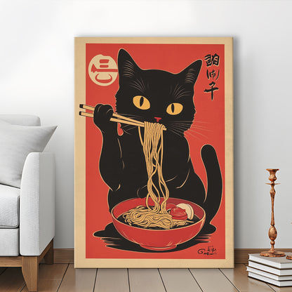 Vintage Cat Eating Ramen, Funny Black Cat Wall Art, Japanese Inspired Cat Art Print, Cat Lover Gift, Canvas Print, Canvas Decor