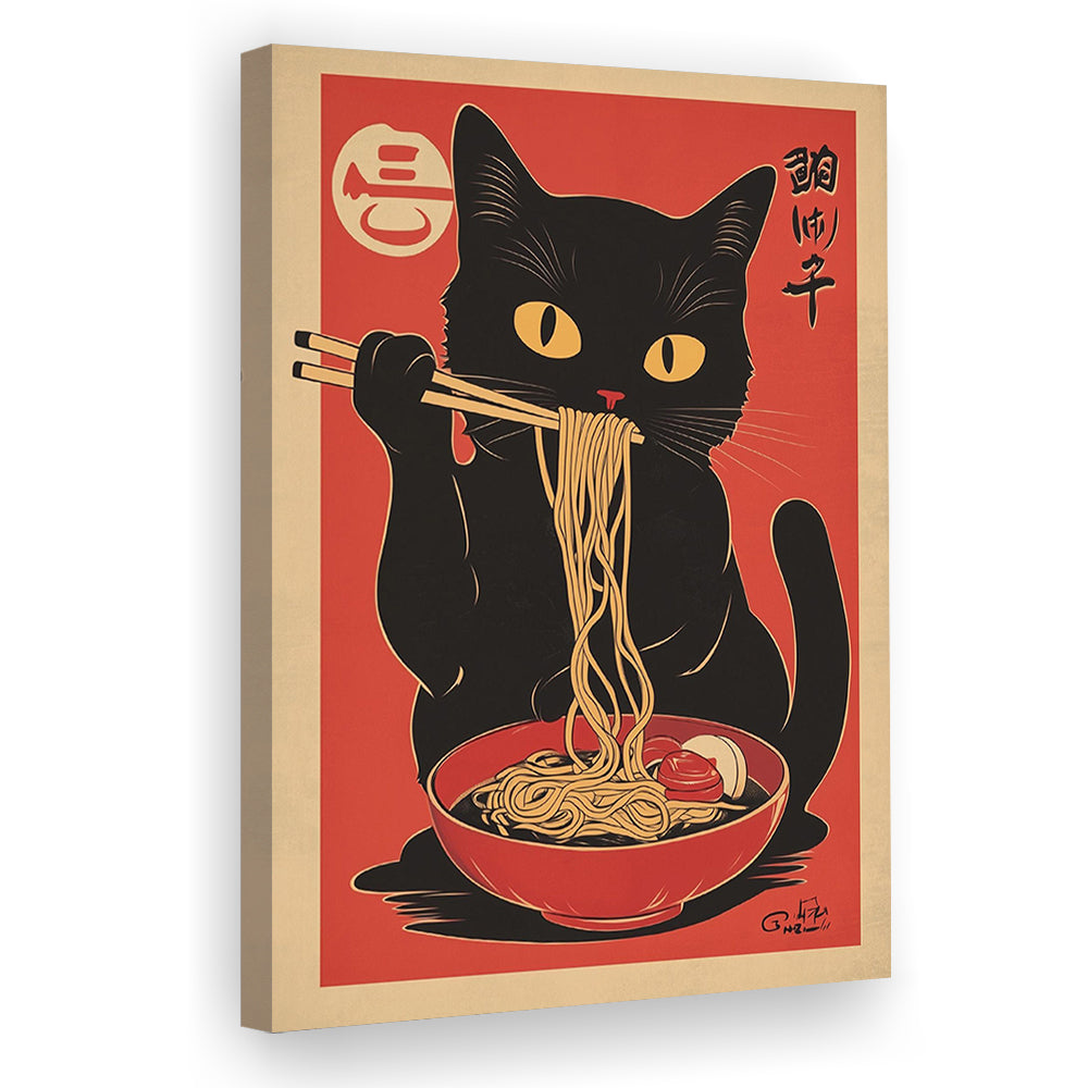 Vintage Cat Eating Ramen, Funny Black Cat Wall Art, Japanese Inspired Cat Art Print, Cat Lover Gift, Canvas Print, Canvas Decor