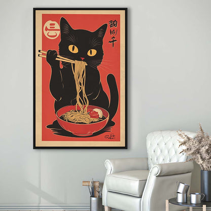 Vintage Cat Eating Ramen, Funny Black Cat Wall Art, Japanese Inspired Cat Art Print, Framed Canvas Print, Floating Frame