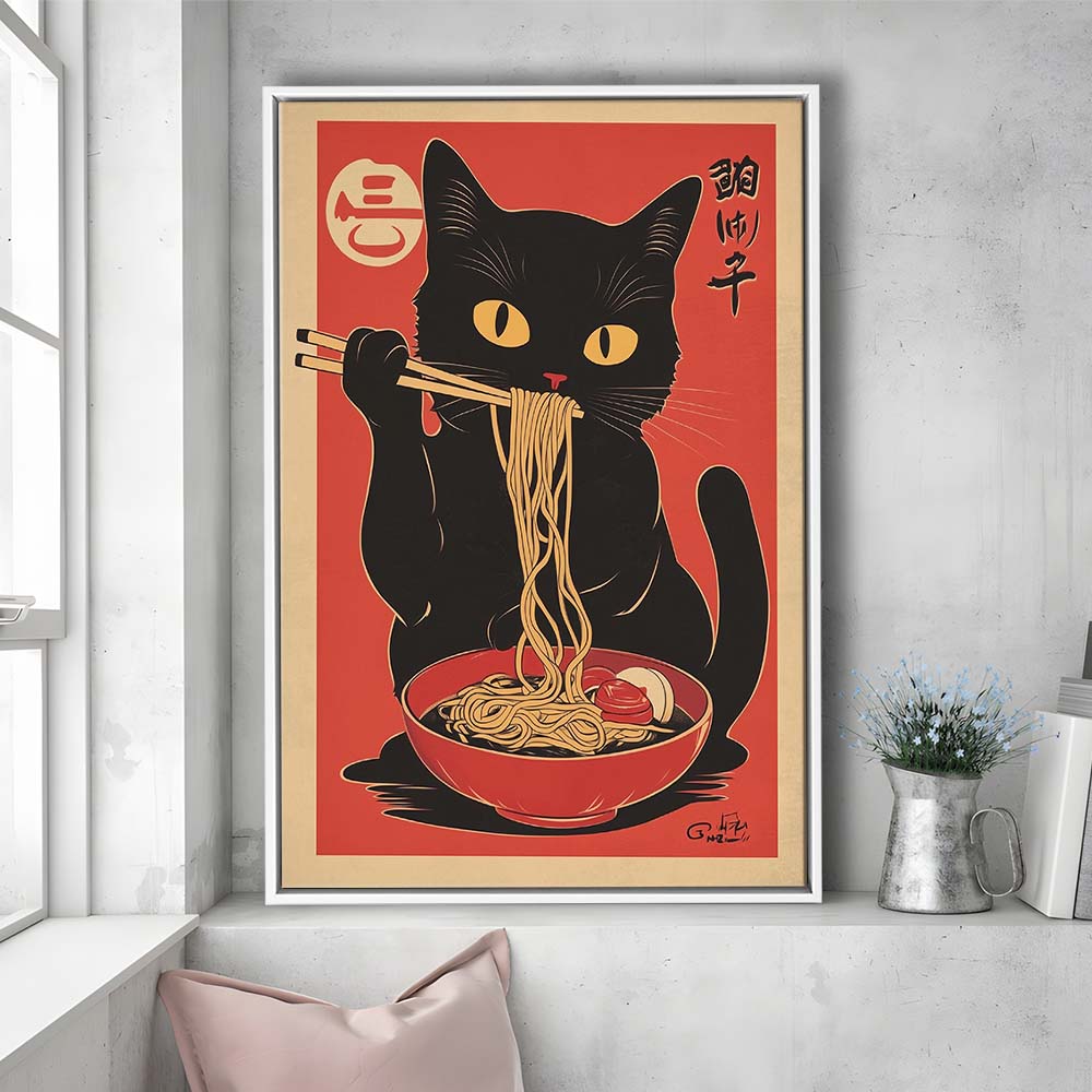 Vintage Cat Eating Ramen, Funny Black Cat Wall Art, Japanese Inspired Cat Art Print, Framed Canvas Print, Floating Frame