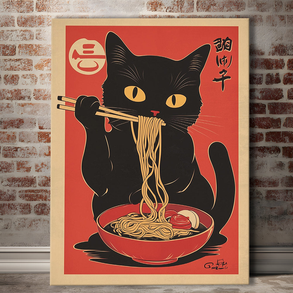 Vintage Cat Eating Ramen, Funny Black Cat Wall Art, Japanese Inspired Cat Art Print, Cat Lover Gift, Canvas Print, Canvas Decor