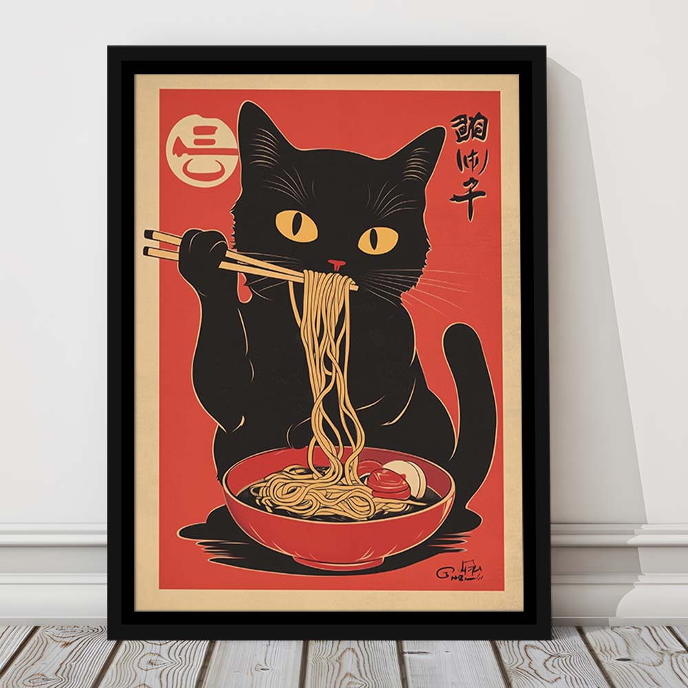 Vintage Cat Eating Ramen, Funny Black Cat Wall Art, Japanese Inspired Cat Art Print, Framed Canvas Print, Floating Frame