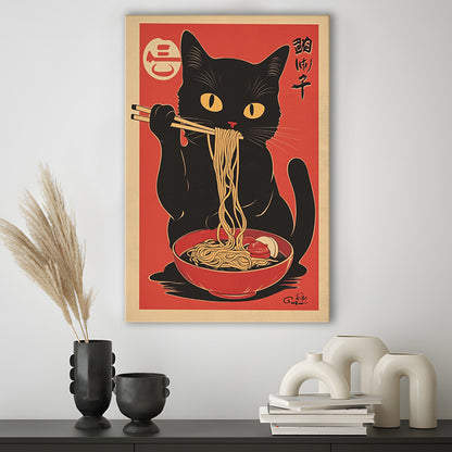 Vintage Cat Eating Ramen, Funny Black Cat Wall Art, Japanese Inspired Cat Art Print, Cat Lover Gift, Canvas Print, Canvas Decor