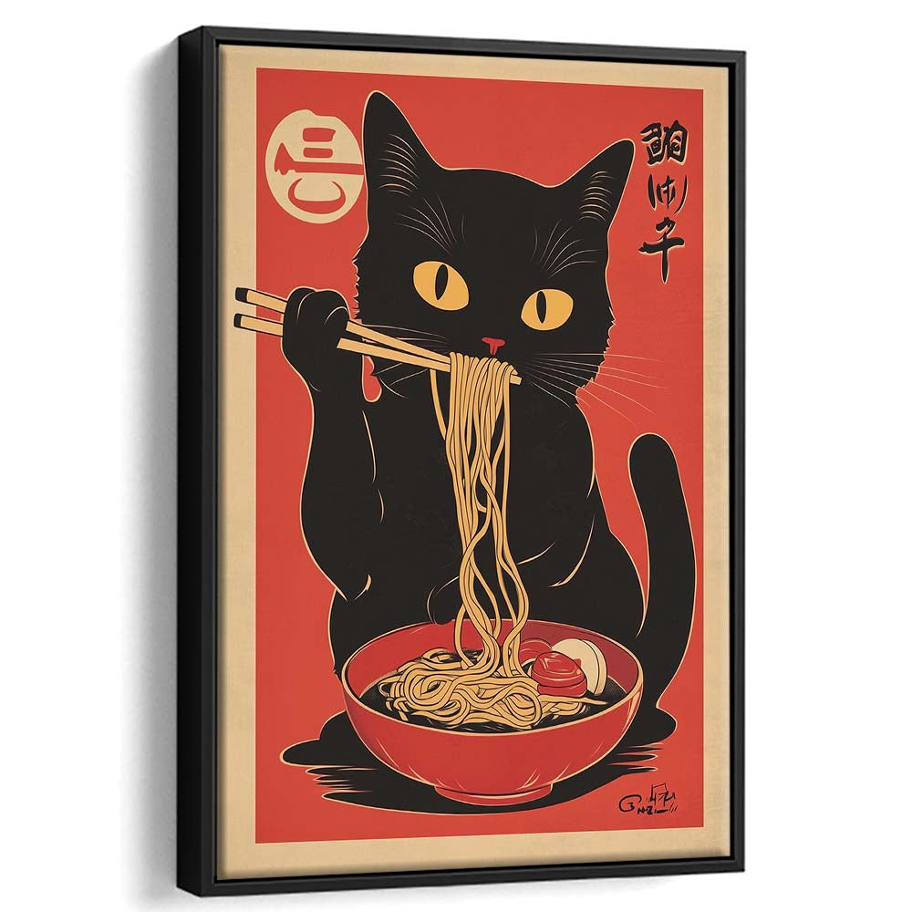 Vintage Cat Eating Ramen, Funny Black Cat Wall Art, Japanese Inspired Cat Art Print, Framed Canvas Print, Floating Frame