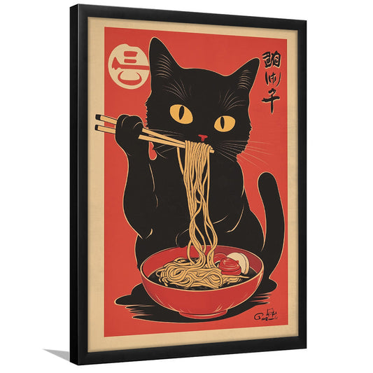 Vintage Cat Eating Ramen, Funny Black Cat Wall Art, Japanese Inspired Cat Art Print, Framed Art Print, Fine Art Print