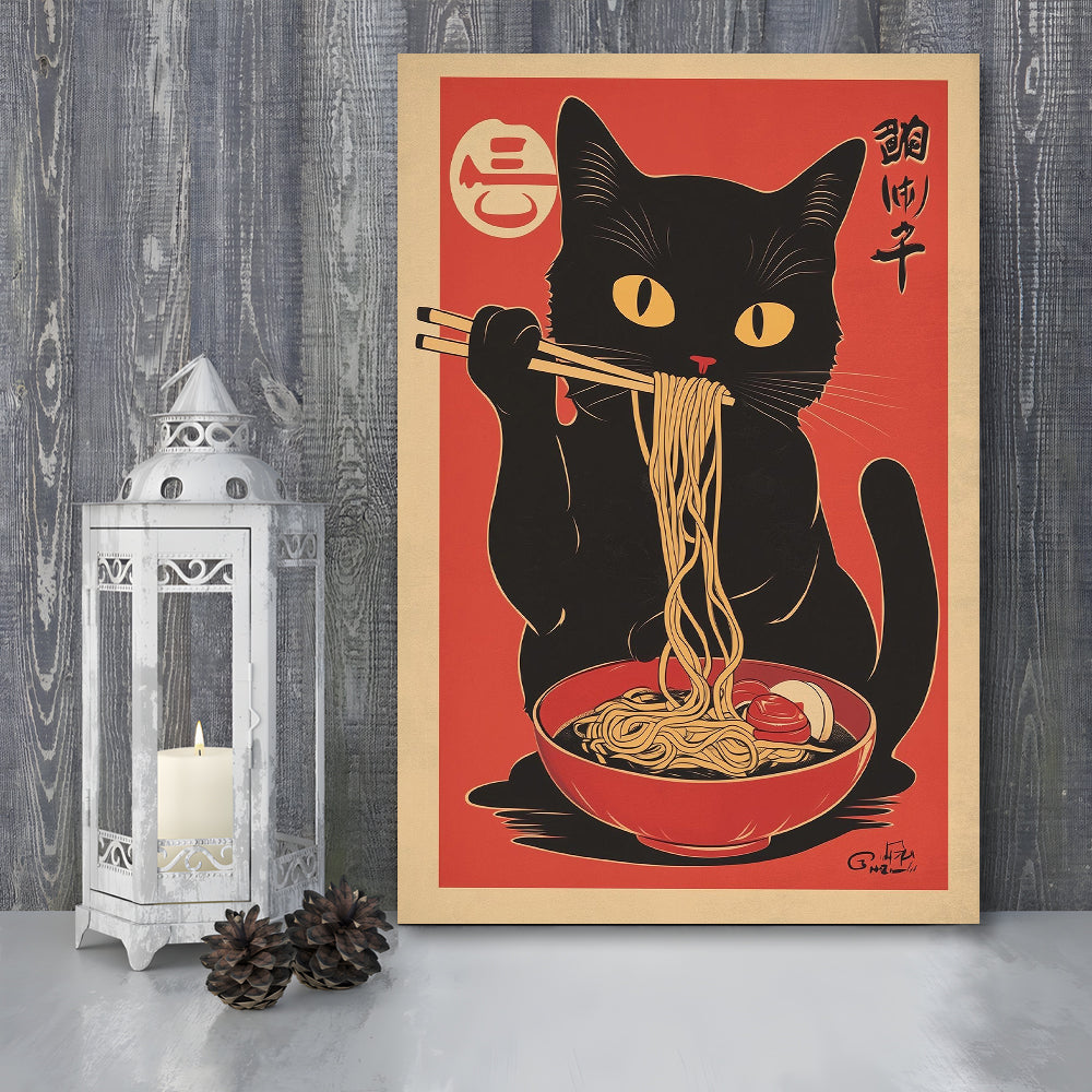 Vintage Cat Eating Ramen, Funny Black Cat Wall Art, Japanese Inspired Cat Art Print, Cat Lover Gift, Canvas Print, Canvas Decor