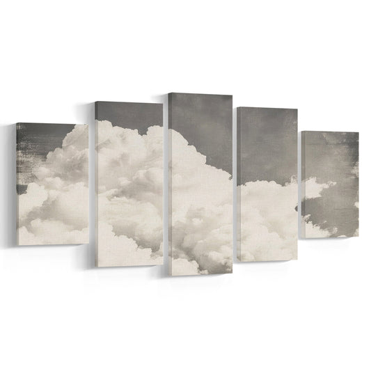 Vintage Clouds Antique Print Cottagecore Minimalist Neutral, 5 Panel Mixed Canvas Print Wall Art, Large Canvas