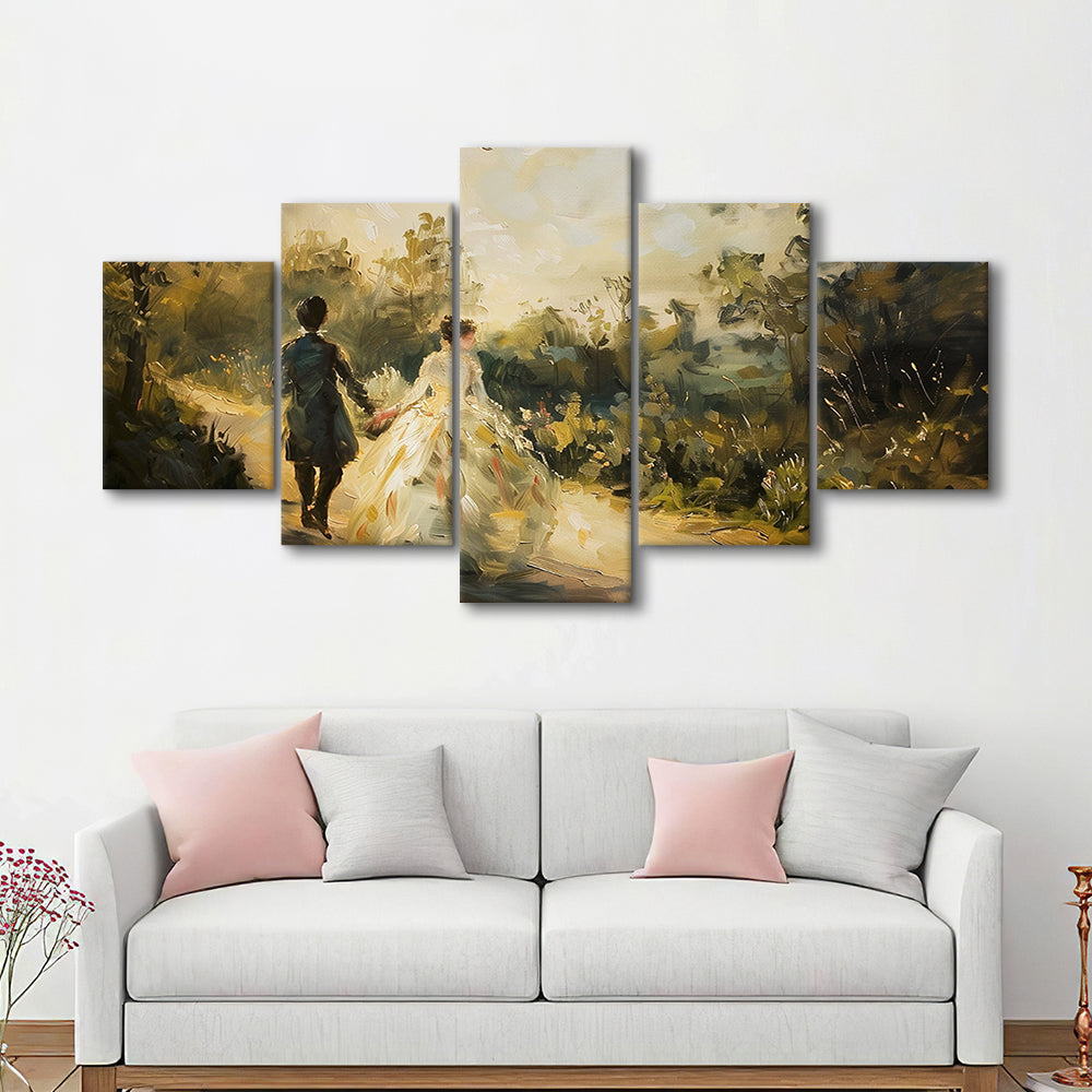 Vintage Couple on Countryside Landscape Oil Painting Antique Print, 5 Panel Mixed Canvas Print Wall Art, Large Canvas