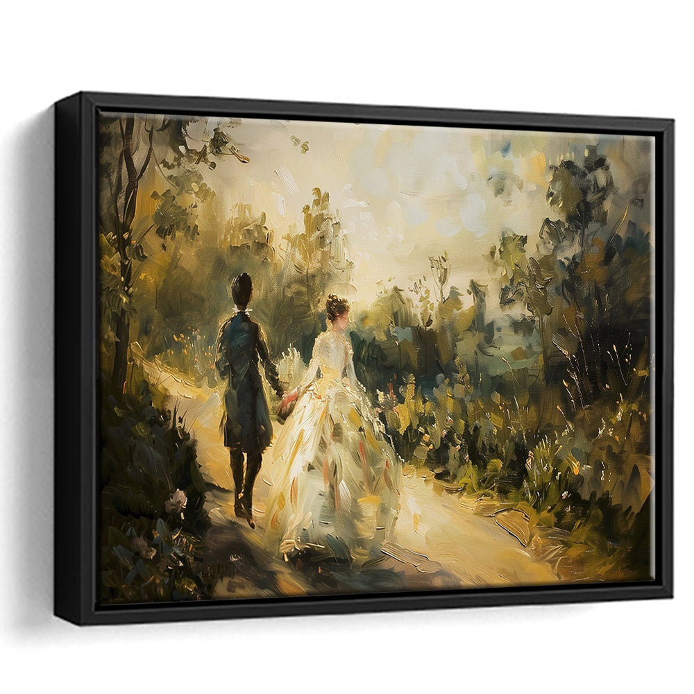 Vintage Couple On Countryside Landscape Oil Painting Antique Print, Framed Canvas Print Wall Art, Floating Frame