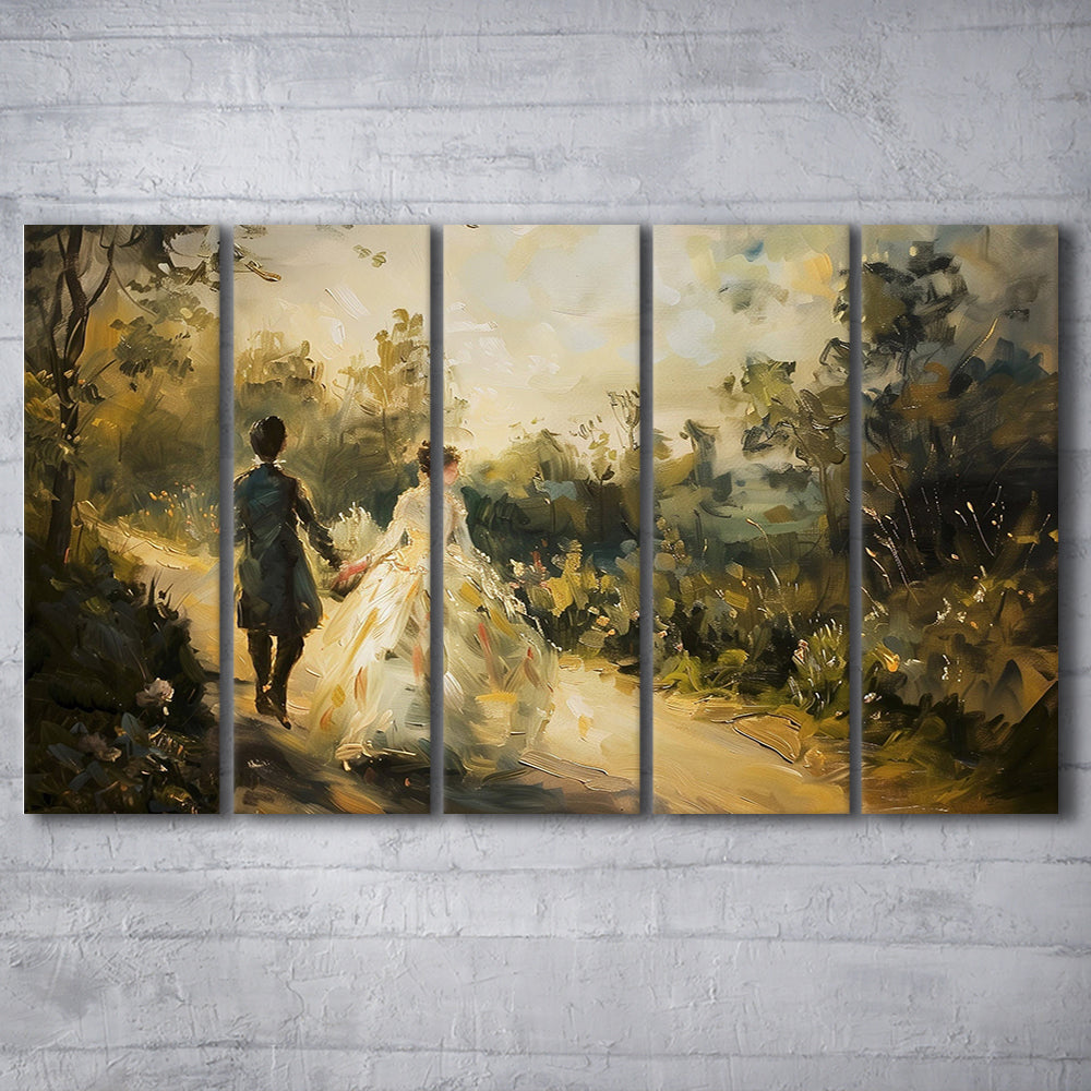 Vintage Couple on Countryside Landscape Oil Painting Antique Print, 5 Panel B Canvas Print Wall Art, Extra Large Canvas