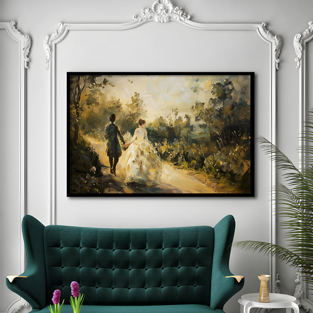 Vintage Couple on Countryside Landscape Oil Painting Antique Print, Framed Art Print Wall Decor, Picture Framed