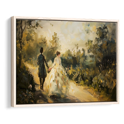 Vintage Couple On Countryside Landscape Oil Painting Antique Print, Framed Canvas Print Wall Art, Floating Frame