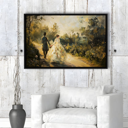 Vintage Couple On Countryside Landscape Oil Painting Antique Print, Framed Canvas Print Wall Art, Floating Frame