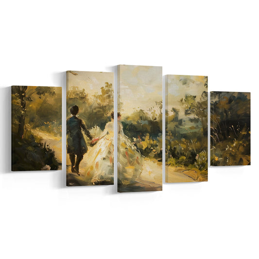 Vintage Couple on Countryside Landscape Oil Painting Antique Print, 5 Panel Mixed Canvas Print Wall Art, Large Canvas