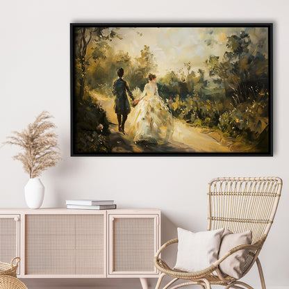 Vintage Couple On Countryside Landscape Oil Painting Antique Print, Framed Canvas Print Wall Art, Floating Frame