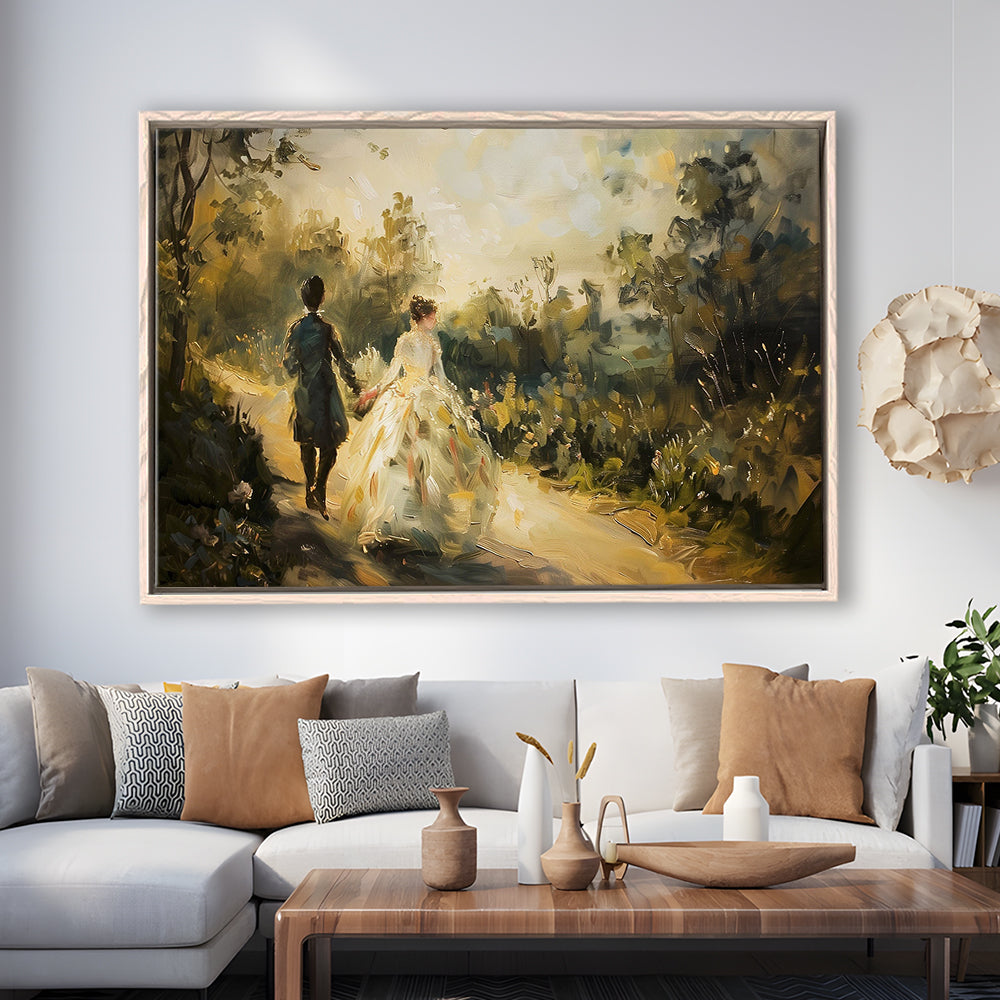 Vintage Couple On Countryside Landscape Oil Painting Antique Print, Framed Canvas Print Wall Art, Floating Frame