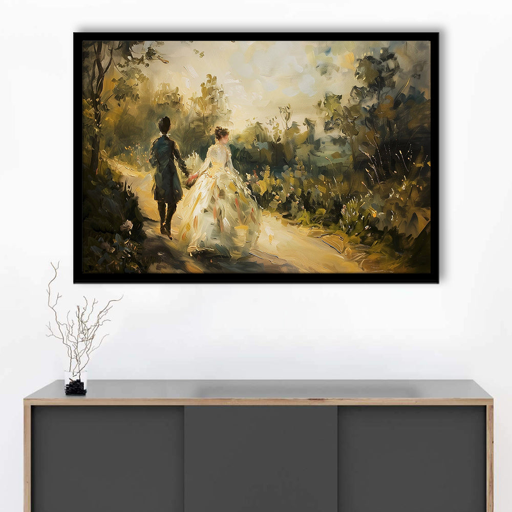 Vintage Couple on Countryside Landscape Oil Painting Antique Print, Framed Art Print Wall Decor, Picture Framed