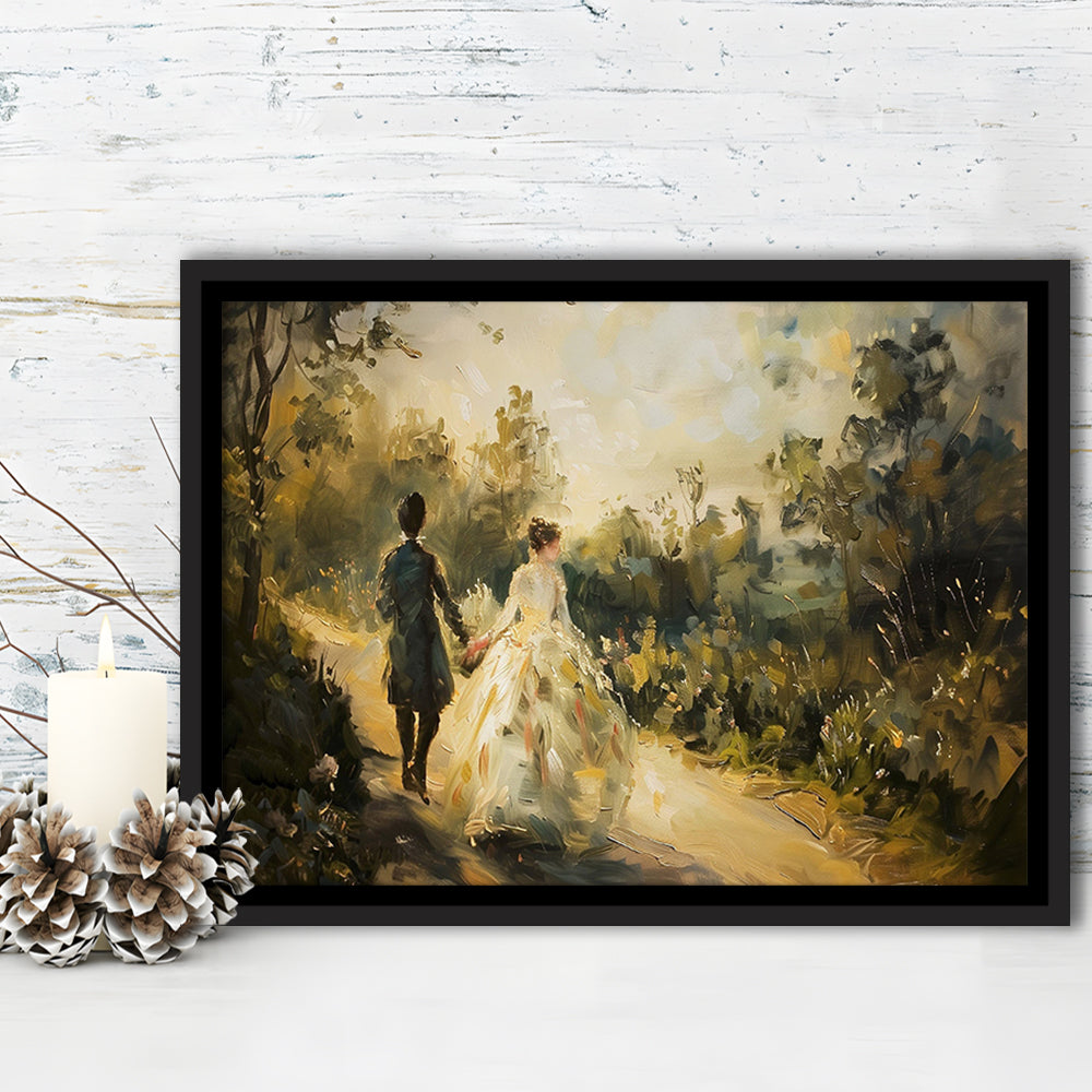 Vintage Couple On Countryside Landscape Oil Painting Antique Print, Framed Canvas Print Wall Art, Floating Frame