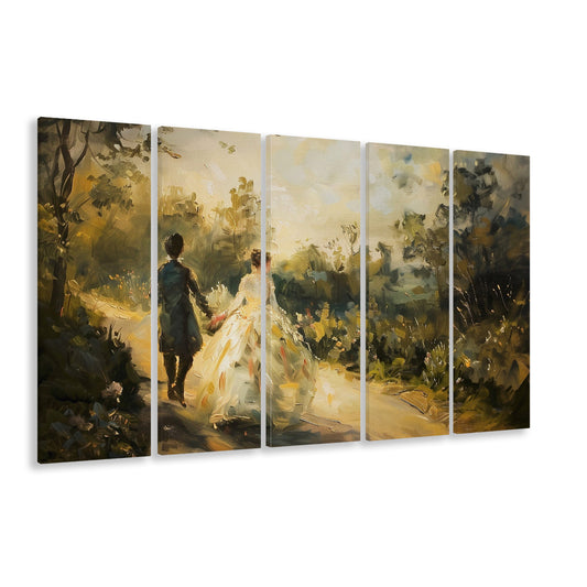 Vintage Couple on Countryside Landscape Oil Painting Antique Print, 5 Panel B Canvas Print Wall Art, Extra Large Canvas
